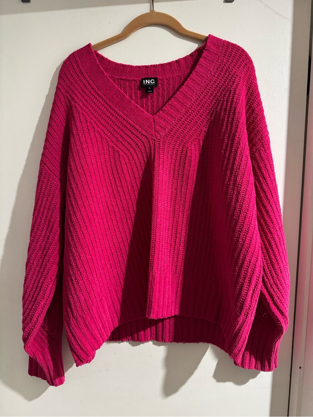 INC International Concepts Fuchsia V-Neck Chunky Knit Sweater